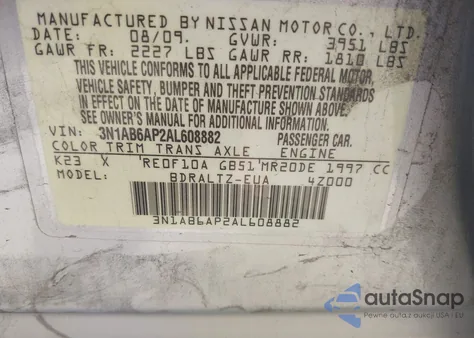 2010 Nissan Sentra 2.0Sr from USA, damaged, VIN 3N1AB6AP2AL608882